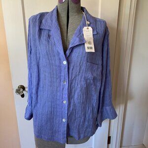 French Laundry Blue Crinkle Linen Button Up Shirt NWT Lagenlook  Boxy Coastal 3x